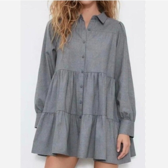 🇪🇦 Zara Grey Tiered Mini Shirt Dress - Picture 16 of 16